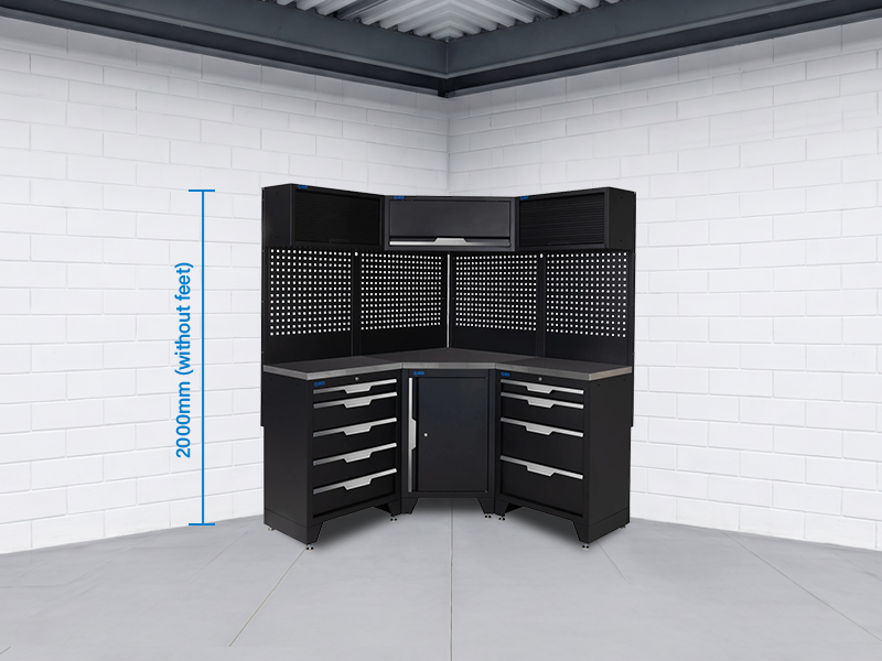SGS 10pc Corner Garage Storage System | 9 Drawers | Stainless Steel Worktop | Corner Floor Cabinet | 3x Upper Cabinets