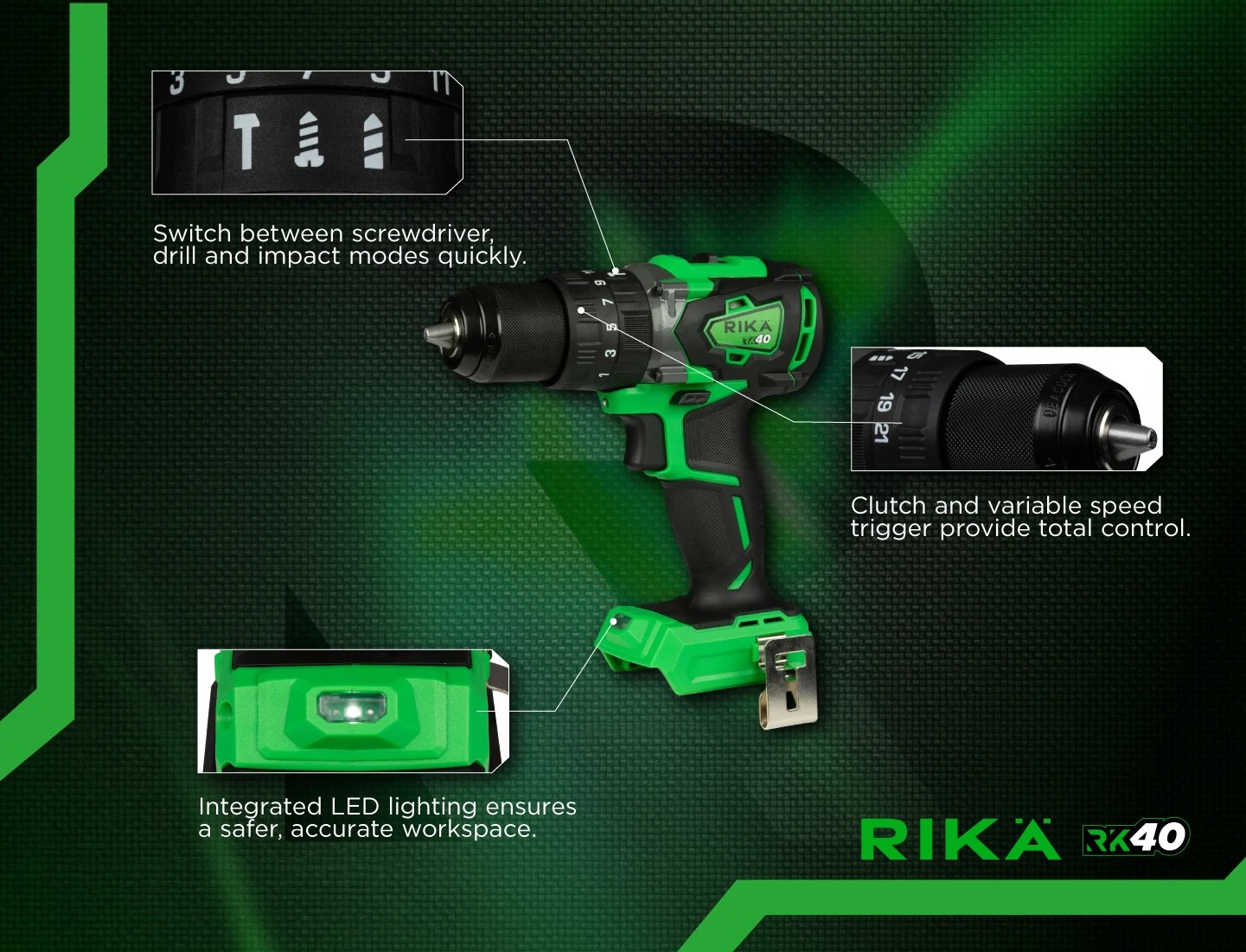 Rikä RK40 40V Cordless Compact Combi Drill | 79Nm | Brushless Motor | Body Only
