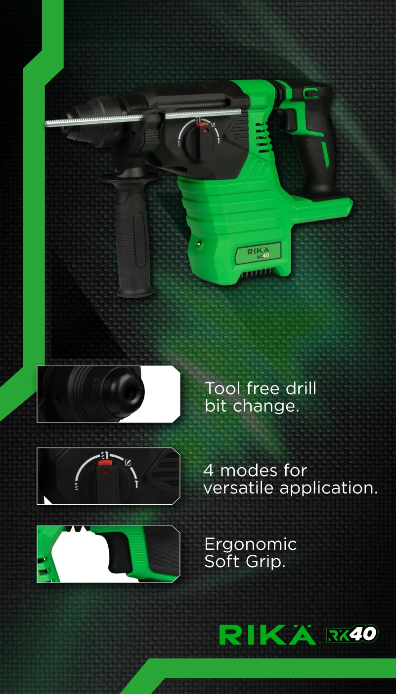 Rikä RK40 40V Cordless SDS-Plus Rotary Hammer Drill | 2.4 J Impact Energy | Brushless Motor | Body Only