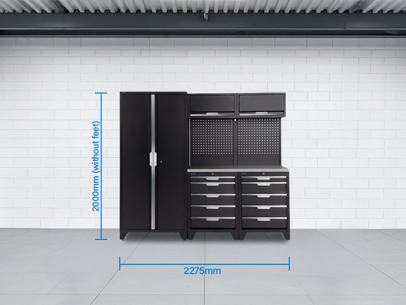 SGS 7pc Garage Storage System | 10 Drawers | Stainless Steel Worktop | 2x Upper Cabinets | Tall Double Cabinet