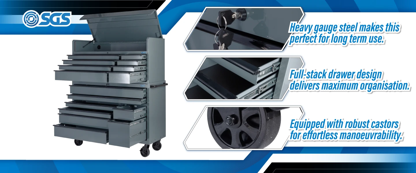 SGS 56in Roller Cabinet and Top Storage Chest | 16 Drawers | Slate Grey