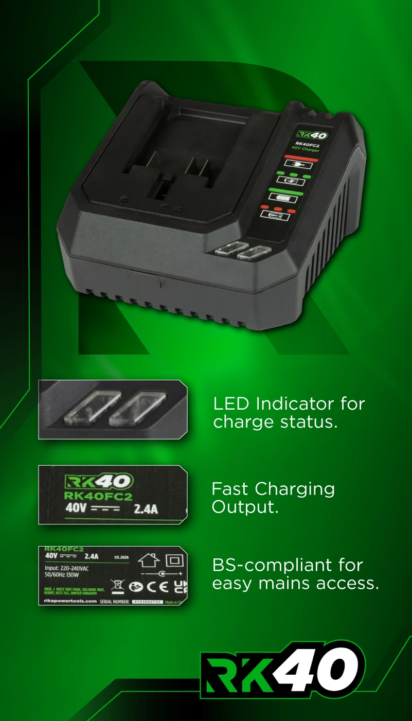 Rikä RK40 40V Single 2.0Ah Battery Fast Charger | 2.4A