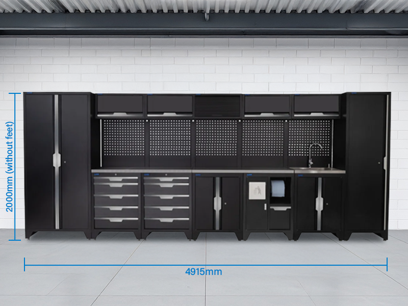 SGS 17pc Garage Storage System | 10 Drawers | Stainless Steel Worktop | Tall Single & Double Cabinets| Bin Unit | Sink Unit | Floor Cabinet | 5x Upper Cabinets