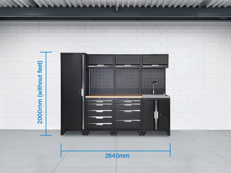 SGS 10pc Garage Storage System | 9 Drawers | Pressed Wood Worktop | Tall Single Cabinet | Sink Unit | 3x Upper Cabinets