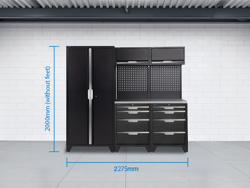 SGS 7pc Garage Storage System | 8 Drawers | Stainless Steel Worktop | 2x Upper Cabinets | Tall Double Cabinet