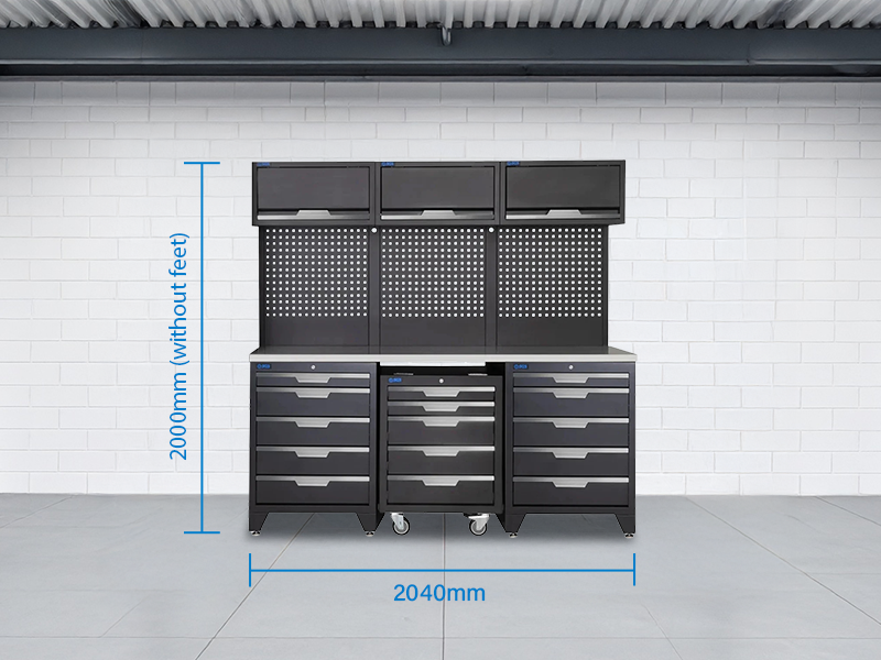 SGS 9pc Garage Storage System | 15 Drawers | Stainless Steel Triple Worktop | Roller Cabinet | 3x Lift‑Up Wall Cabinets