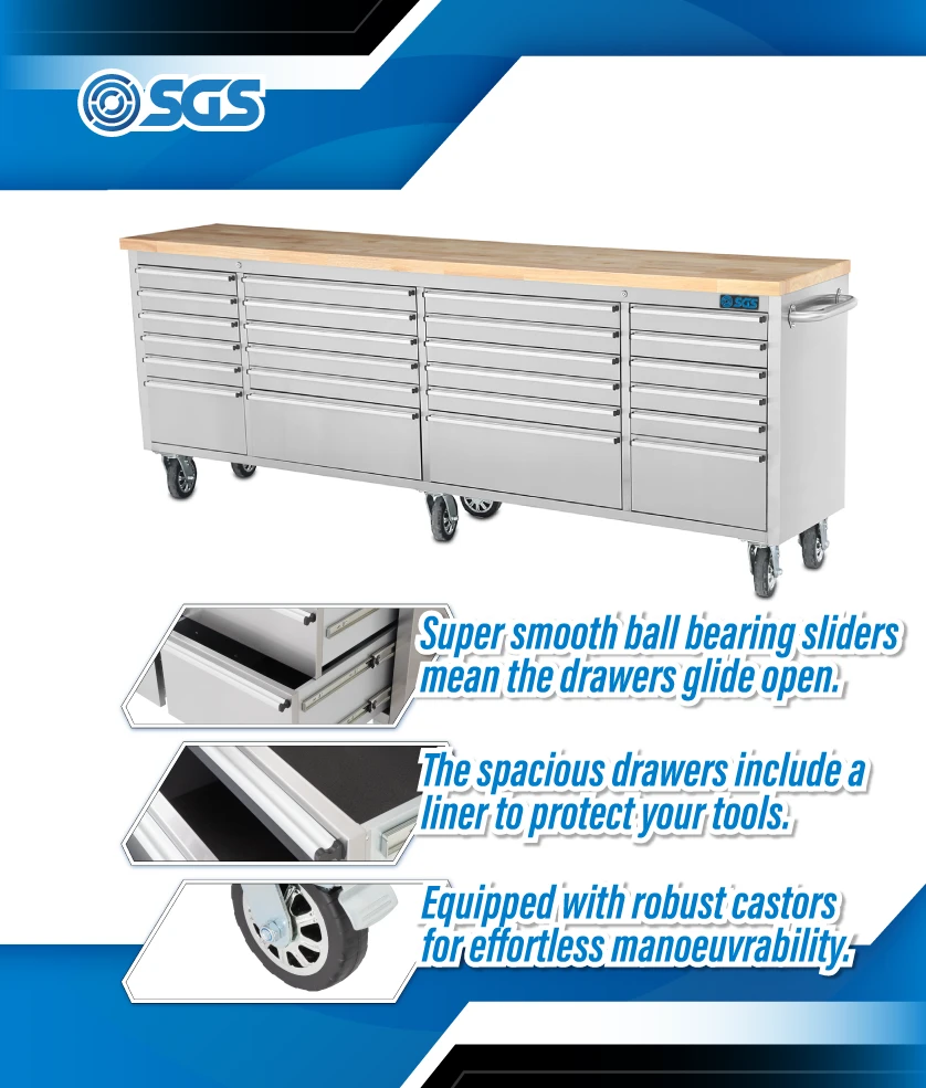 SGS 96in Stainless Steel 24 Drawer Work Bench Tool Chest Cabinet