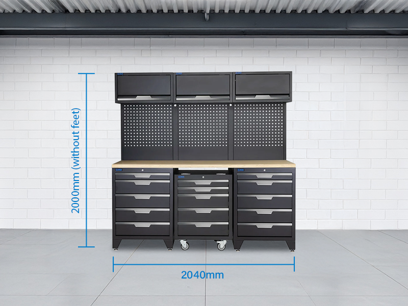 SGS 9pc Garage Storage System | 14 Drawers | Triple Wood Worktop | Roller Cabinet | 3x Lift‑Up Wall Cabinets