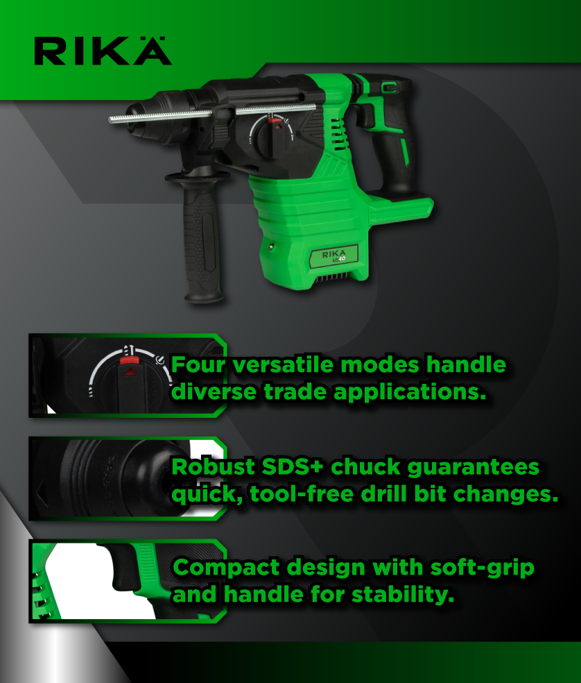 Rikä RK40 40V Cordless SDS-Plus Rotary Hammer Drill | 2.4 J Impact Energy | Brushless Motor | Body Only