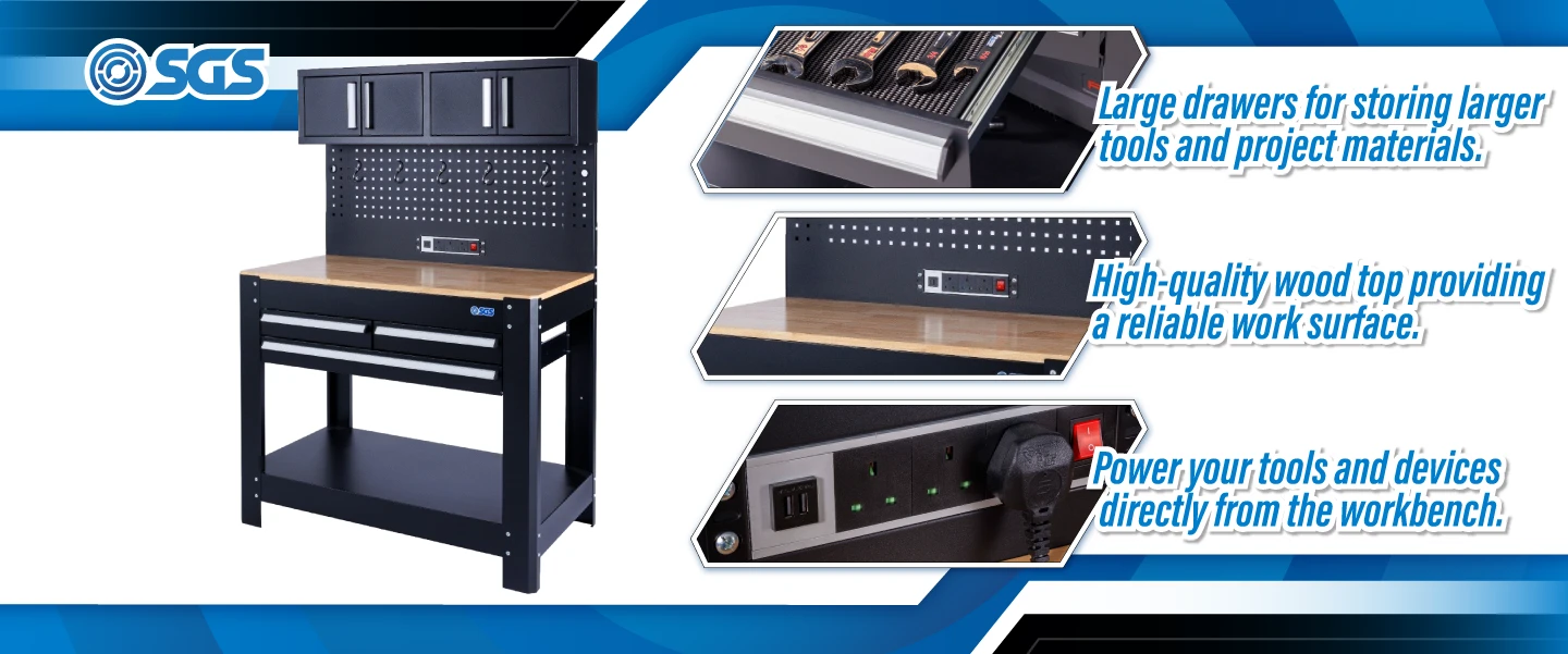 SGS 45in Workstation with Top Cabinets | Wooden Worktop | Pegboard | Power Sockets