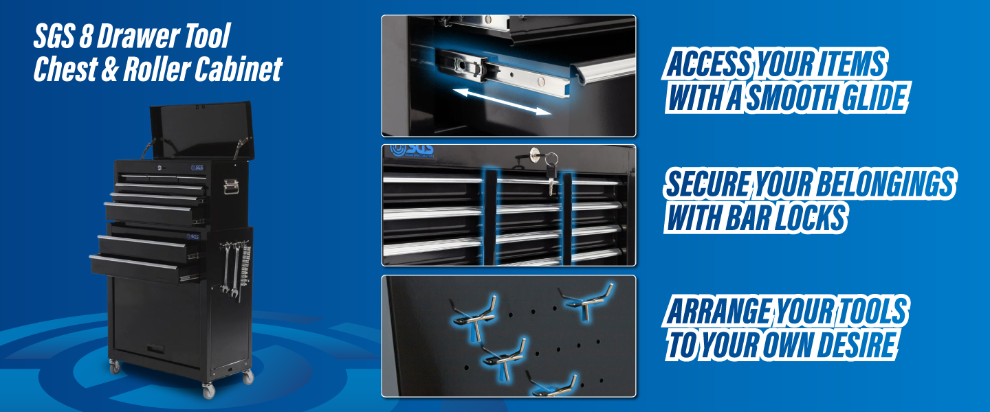 SGS Mechanics 8 Drawer Tool Box Chest & Roller Cabinet | Black