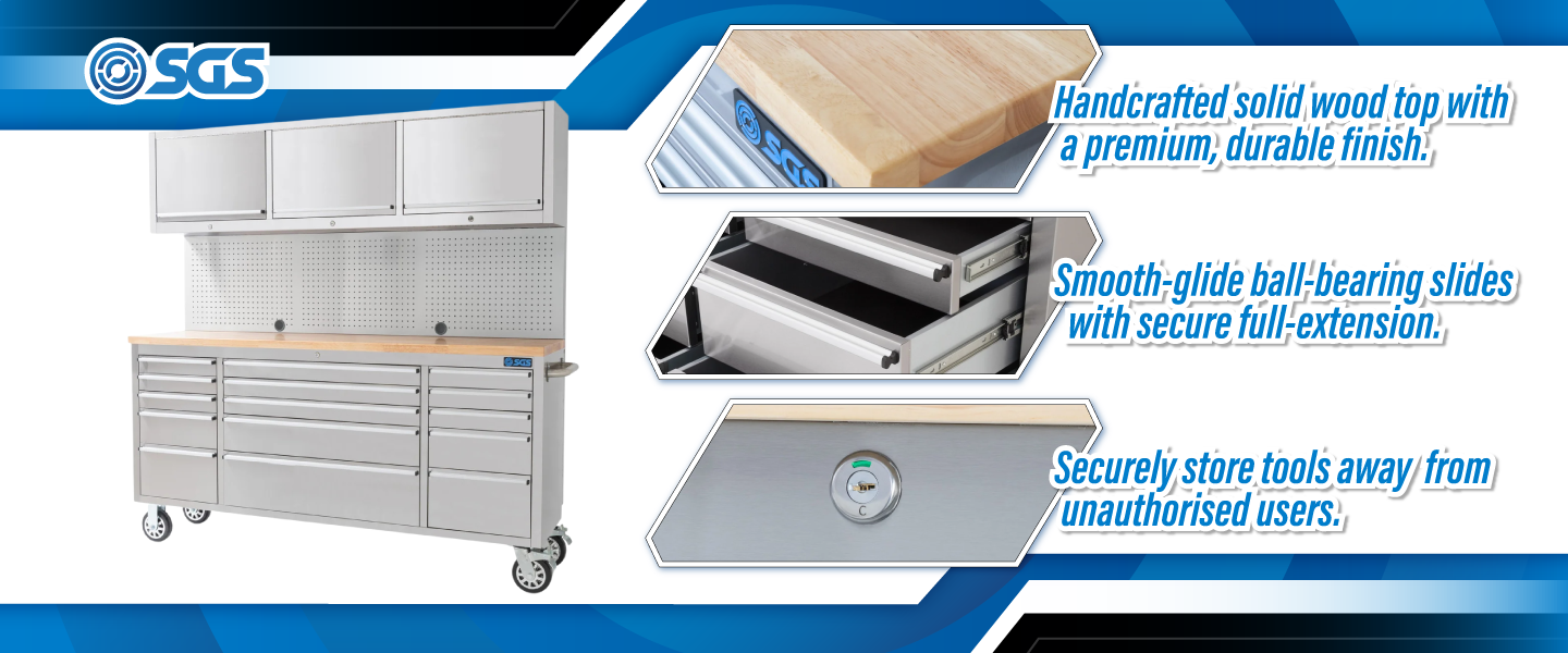 SGS 72in Stainless Steel 15 Drawer Work Bench with Pegboard and Upper Cabinets