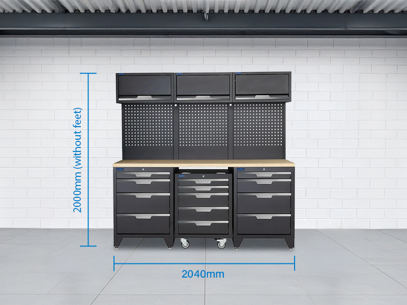SGS 9pc Garage Storage System | 12 Drawers | Triple Wood Worktop | Roller Cabinet | 3x Lift‑Up Wall Cabinets