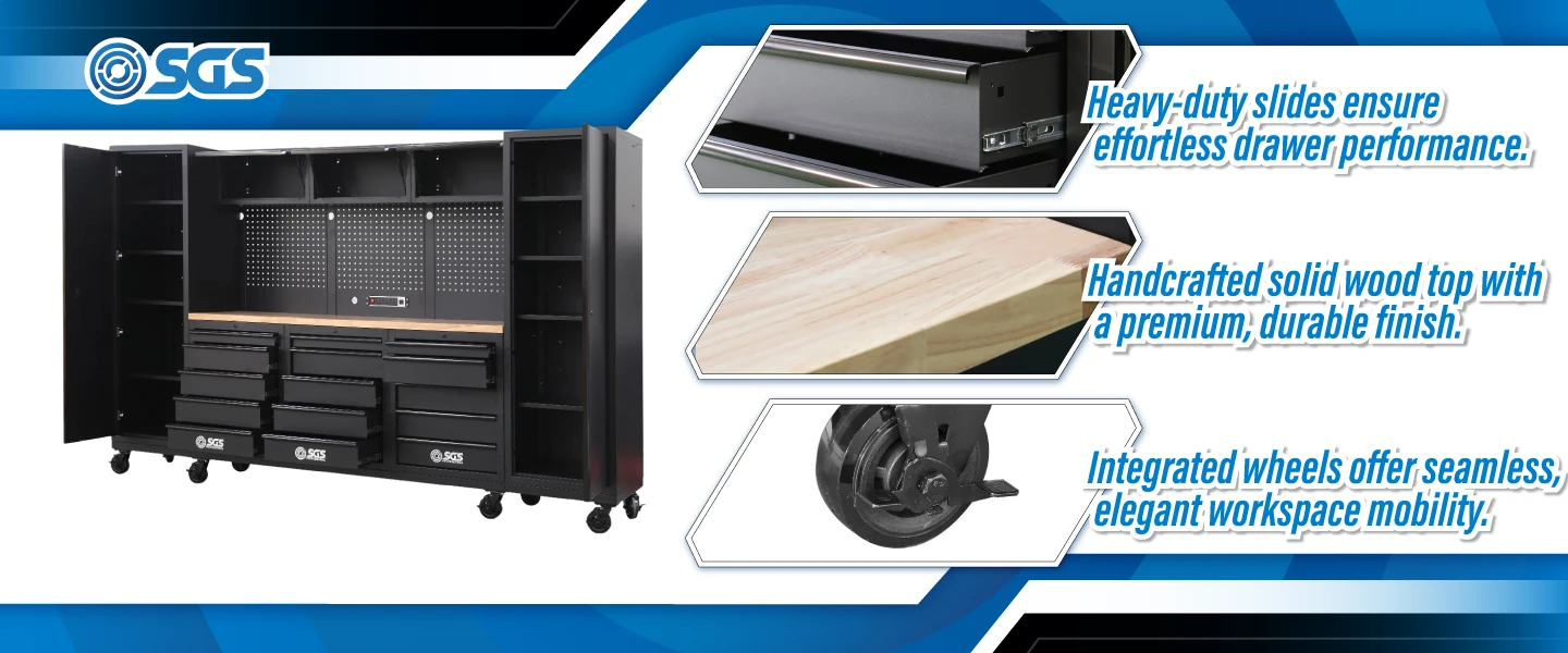 SGS Pro 9pc Heavy Duty Storage System with Wheels | Rubberwood Worktop | Pegboard | Powerstrip