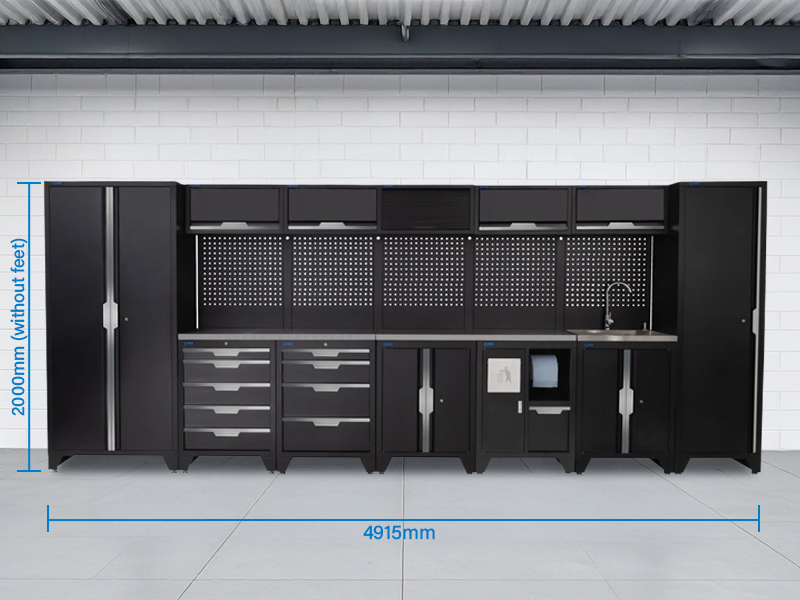 SGS 17pc Garage Storage System | 9 Drawers | Stainless Steel Worktop | Tall Single & Double Cabinets| Bin Unit | Sink Unit | Floor Cabinet | 5x Upper Cabinets