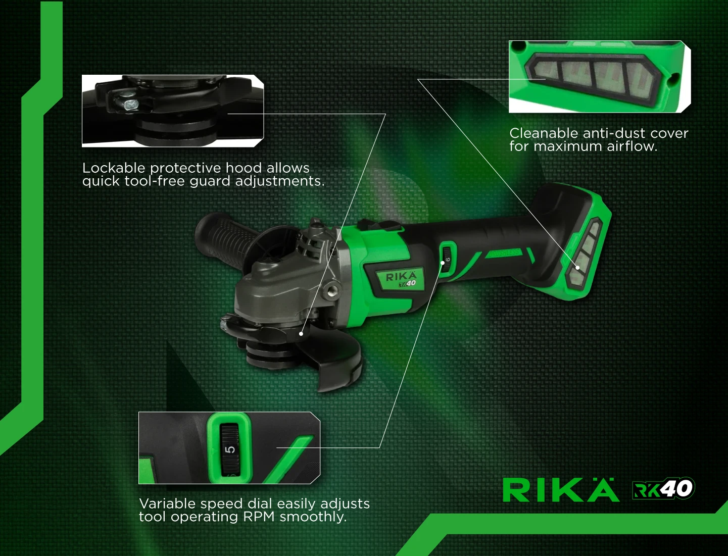 Rikä RK40 40V 115mm (4.5in) Cordless Braking Angle Grinder | Brushless Motor | Body Only
