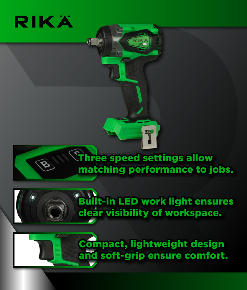 Rikä RK40 40V 1/2in Cordless Compact Impact Wrench | 480Nm Nut-Busting Torque | Friction Ring | Brushless Motor | Body Only