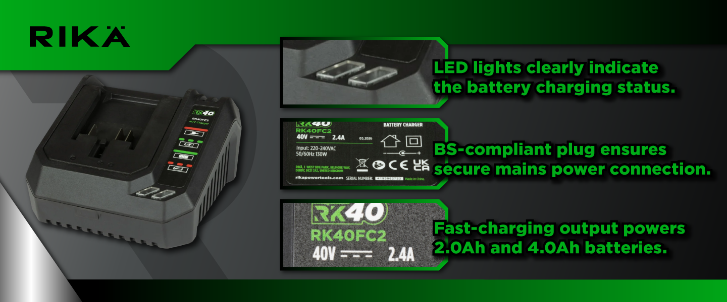 Rikä RK40 40V Single 2.0Ah Battery Fast Charger | 2.4A