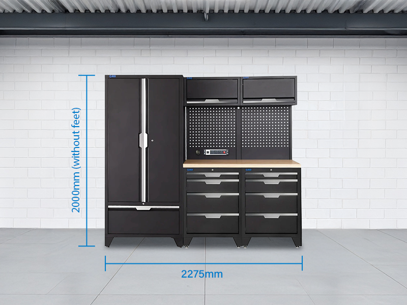 SGS 7pc Garage Storage System | 8 Drawers | Pressed Wood Worktop | 2x Upper Cabinets | Tall Double Cabinet with Drawer | Pegboard with Power Strip