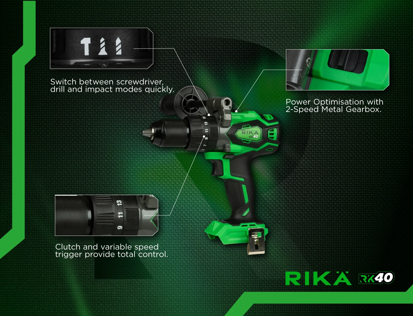 Rikä RK40 40V Cordless Combi Drill | 150Nm | Brushless Motor | Body Only