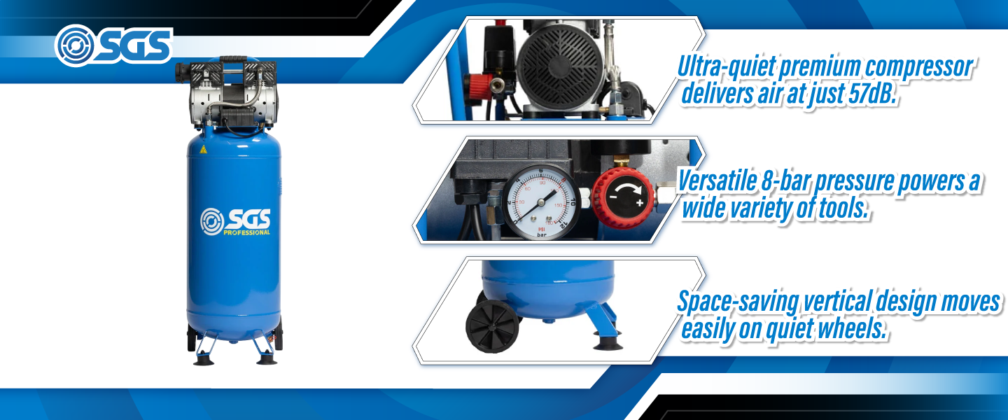 SGS Pro Super Silent Vertical 50 Litre Air Compressor | 4.5 CFM | 1 HP | 115 PSI