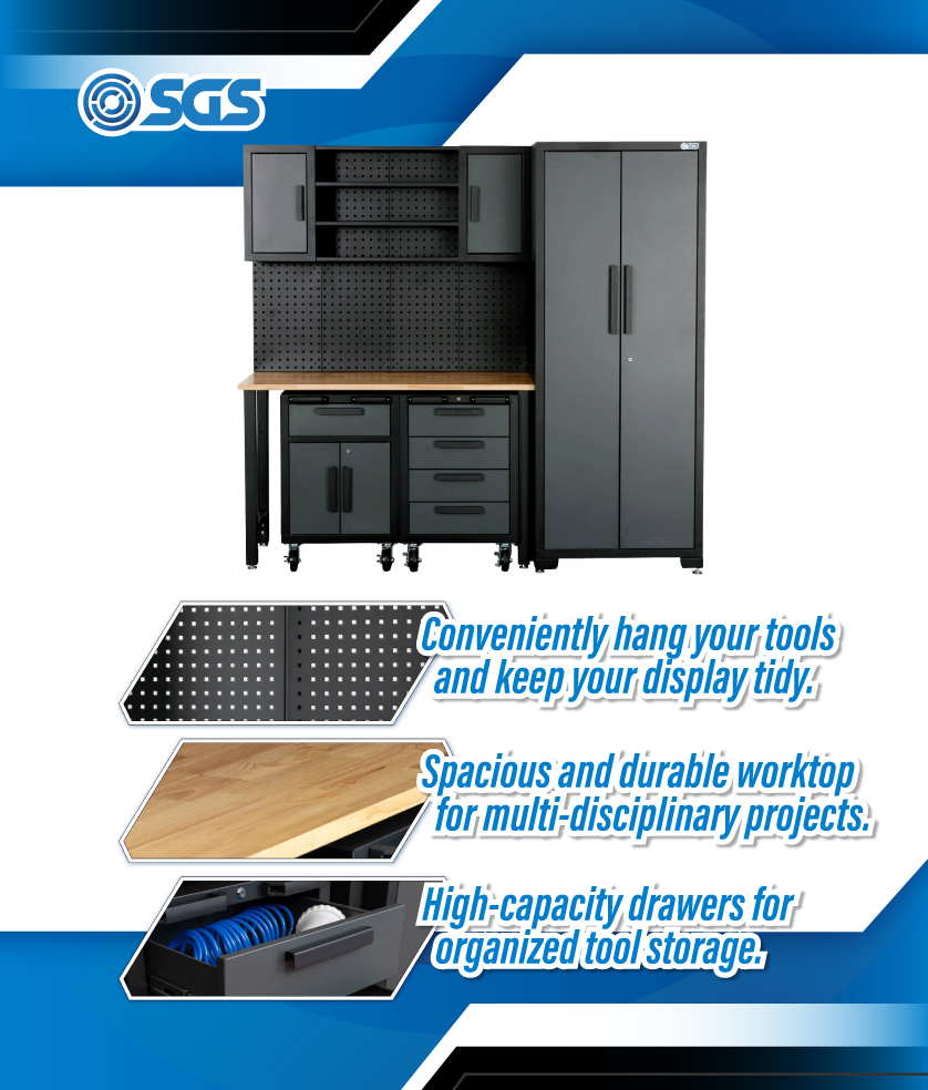 SGS 6pc Garage Storage System - Work Bench, Wheeled Cabinets, Wall Shelving & Side Cabinet