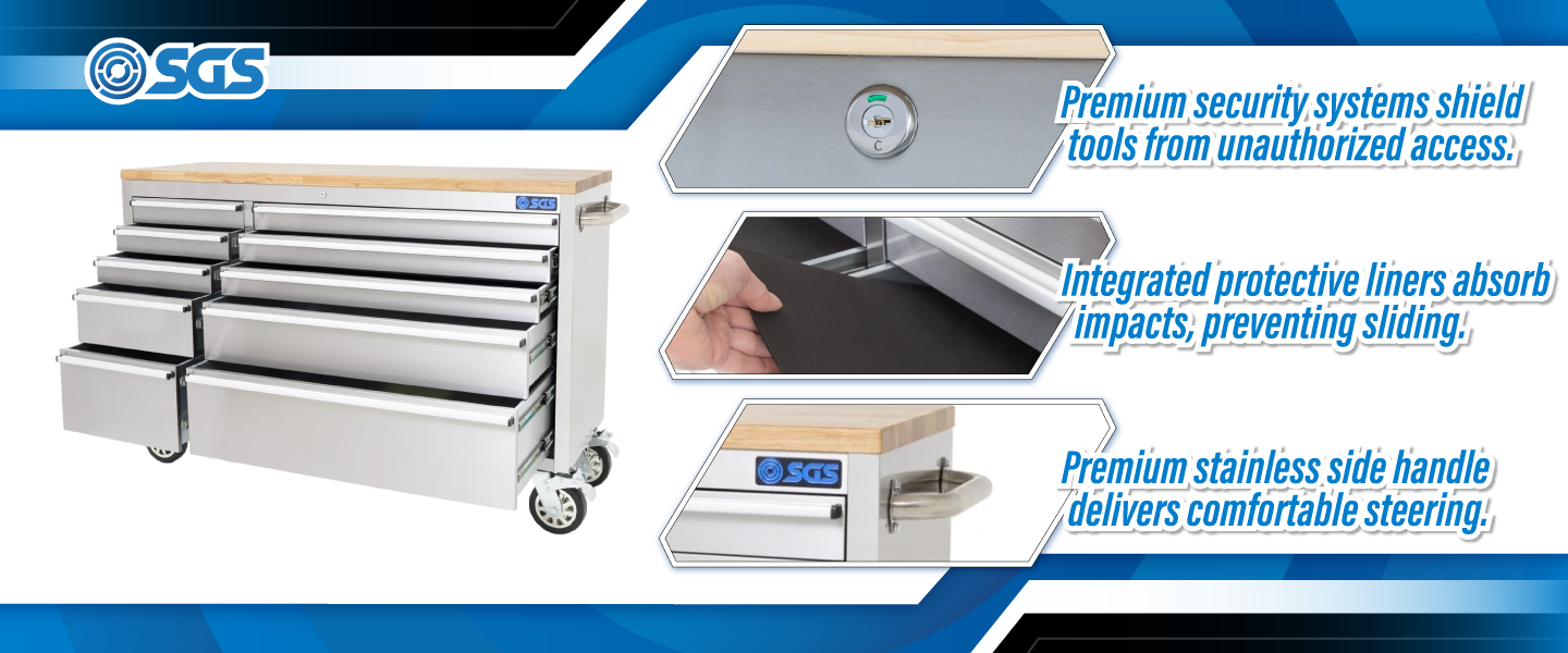 SGS 55in Stainless Steel 10 Drawer Mobile Work Bench and Tool Cabinet