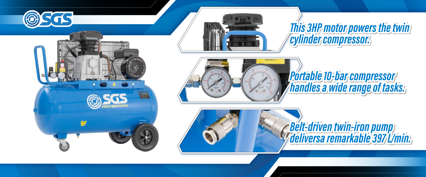 SGS Pro 90 Litre Belt Drive Air Compressor | 14 CFM | 3 HP | 145 PSI | Free Oil