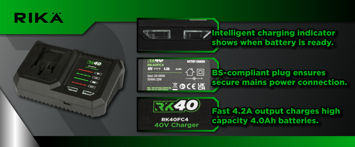 Rikä RK40 40V Single 4.0Ah Battery Fast Charger | 4.0A