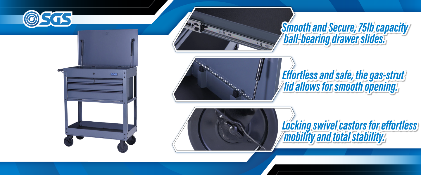 SGS 30in Tool Trolley Cart with Lid | 4 Drawers | Grey