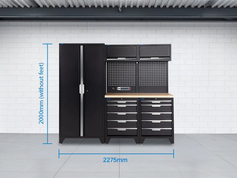 SGS 7pc Garage Storage System | 10 Drawers | Pressed Wood Worktop | 2x Upper Cabinets | Tall Double Cabinet | Pegboard with Power Strip