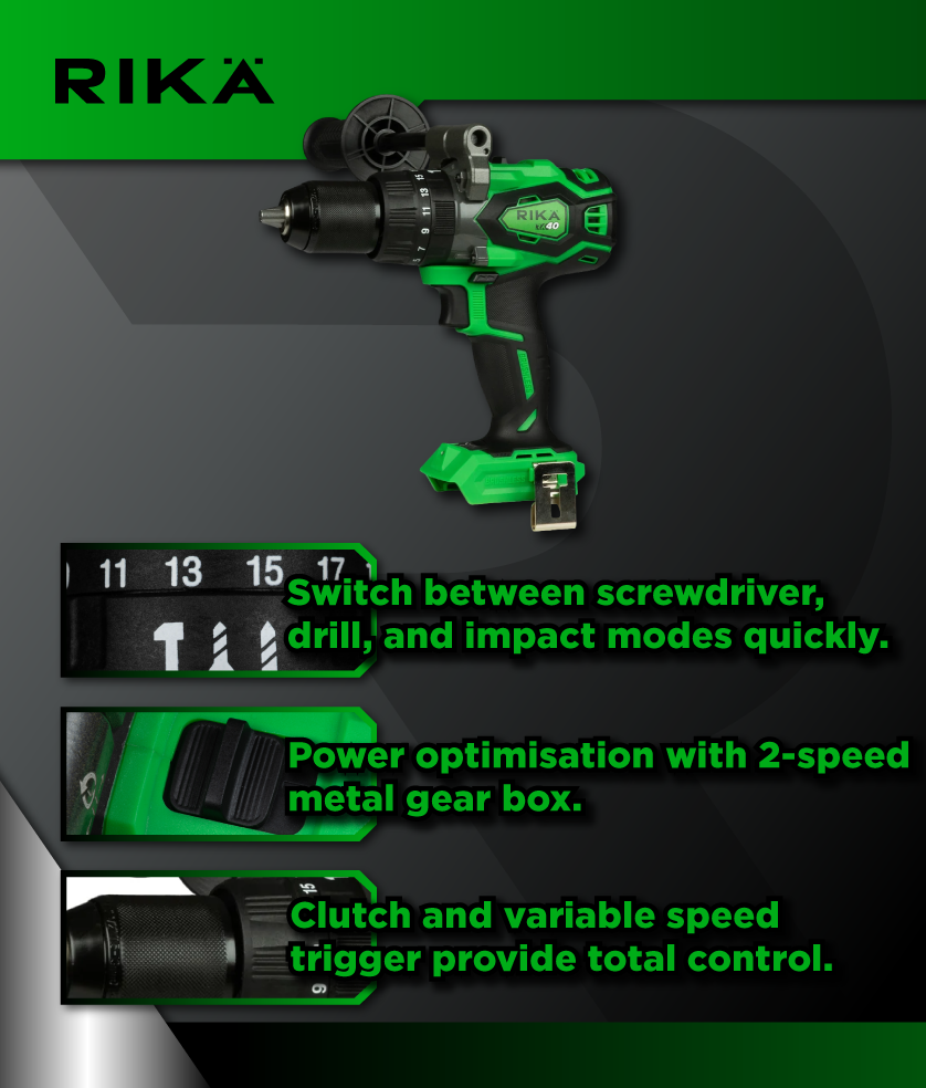 Rikä RK40 40V Cordless Combi Drill | 150Nm | Brushless Motor | Body Only