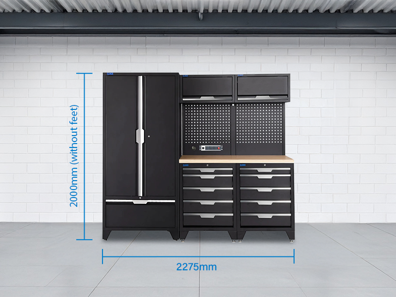 SGS 7pc Garage Storage System | 10 Drawers | Pressed Wood Worktop | 2x Upper Cabinets | Tall Double Cabinet with Drawer | Pegboard with Power Strip