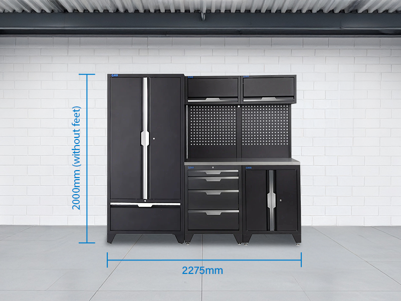 SGS 7pc Garage Storage System | 4 Drawers | Stainless Steel Worktop | Floor Cabinet | 2x Upper Cabinets | Tall Double Cabinet with Drawer