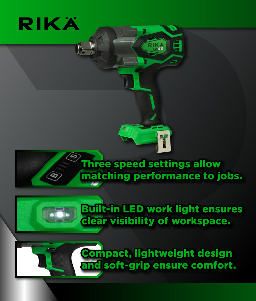 Rikä RK40 40V 3/4in Cordless High-Torque Impact Wrench | 1700Nm Nut-Busting Torque | Friction Ring | Brushless Motor | Body Only