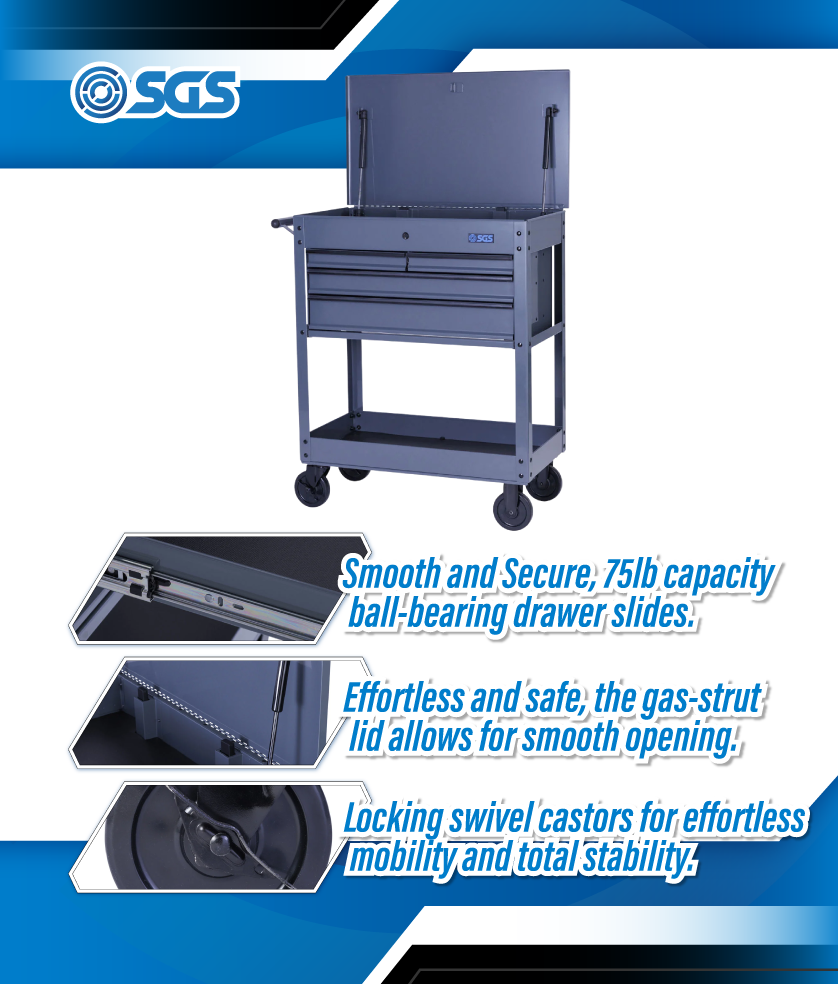 SGS 30in Tool Trolley Cart with Lid | 4 Drawers | Grey