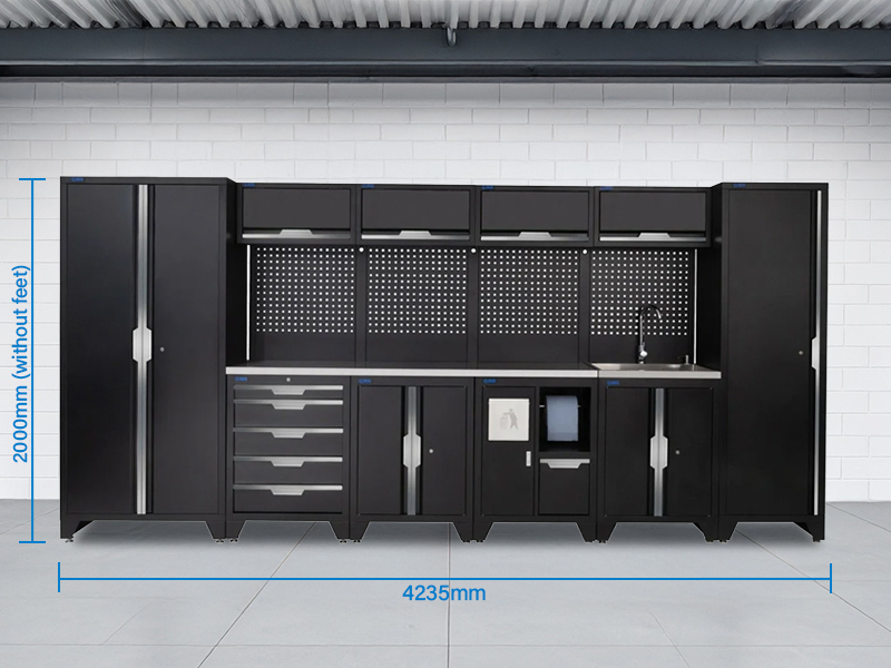 SGS 14pc Garage Storage System | 5 Drawers | Stainless Steel Worktop | Floor Cabinet | Tall Single & Double Cabinets | Bin Unit | Sink Unit