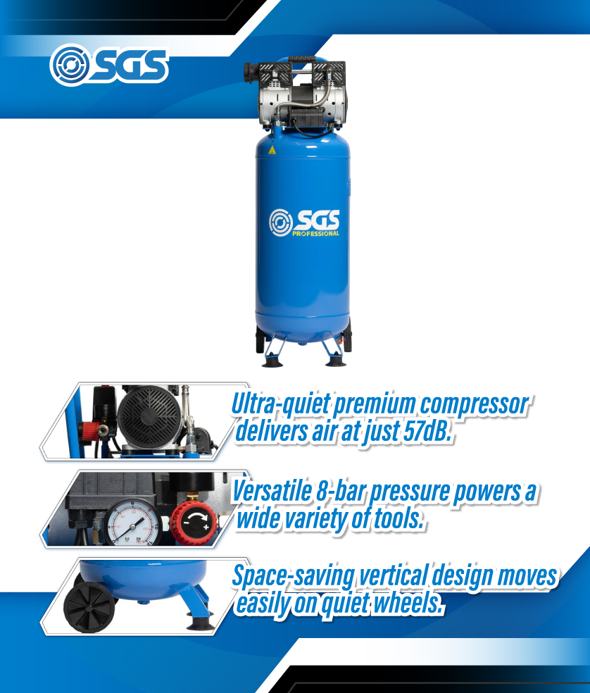 SGS Pro Super Silent Vertical 50 Litre Air Compressor | 4.5 CFM | 1 HP | 115 PSI