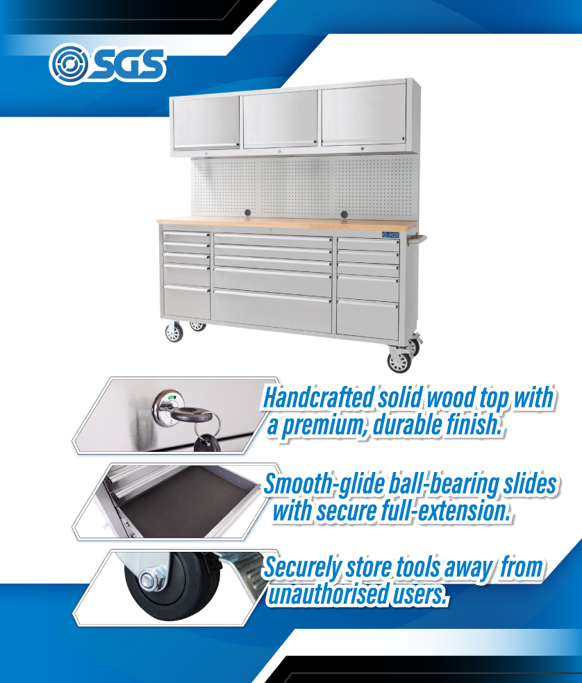 SGS 72in Stainless Steel 15 Drawer Work Bench with Pegboard and Upper Cabinets