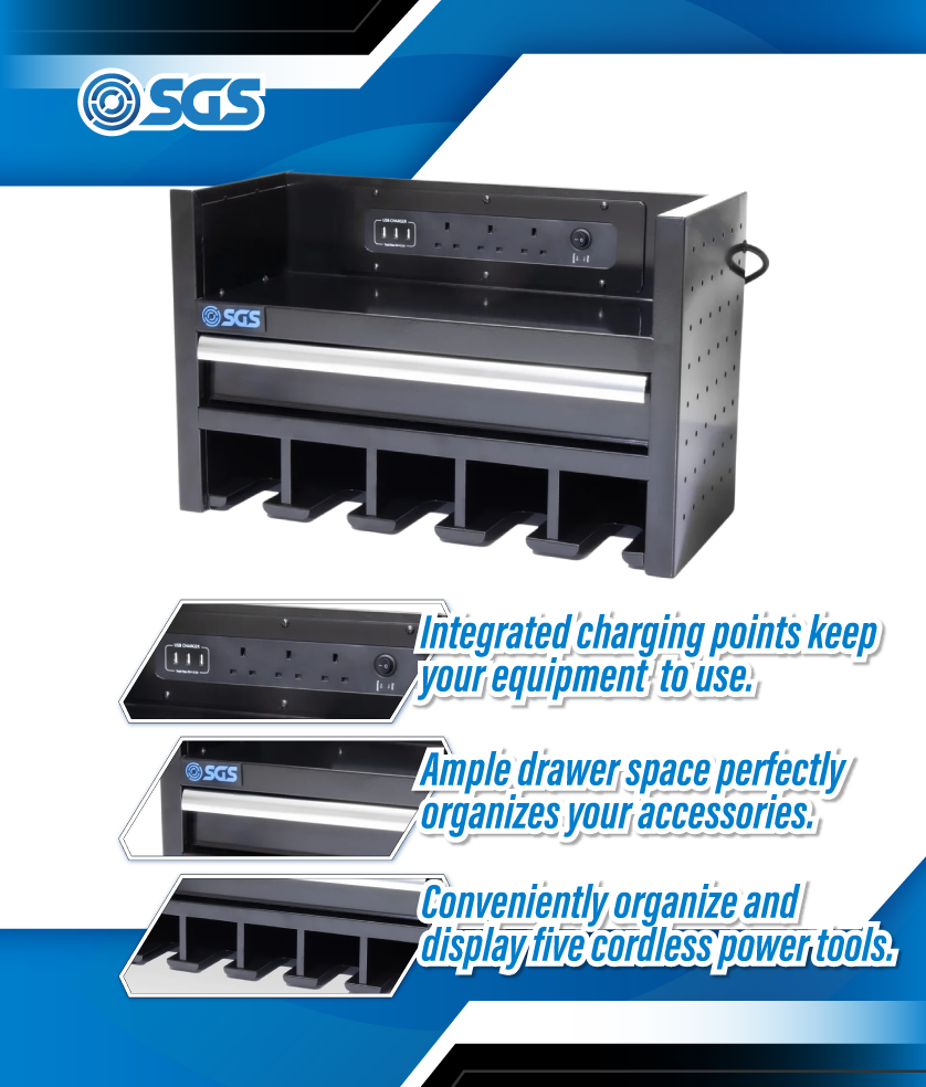 SGS 22in Wall Mounted Power Tool Storage Rack and Charging Station | 5 Slots | Drawer