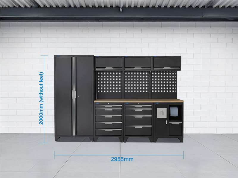 SGS 10pc Garage Storage System | 9 Drawers | Pressed Wood Worktop | Tall Double Cabinet | Bin Unit | 3x Upper Cabinets