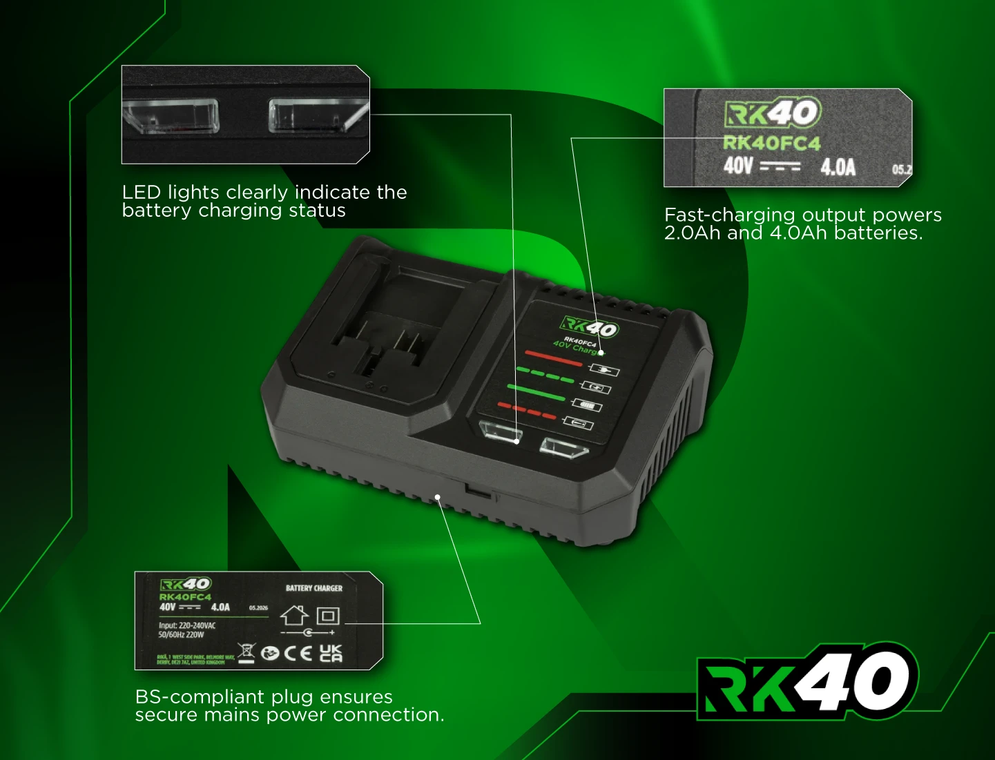 Rikä RK40 40V Single 4.0Ah Battery Fast Charger | 4.0A