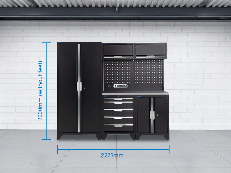 SGS 7pc Garage Storage System | 5 Drawers | Stainless Steel Worktop | Tall Double Cabinet | 2x Upper Cabinets | Pegboard with Power Strip
