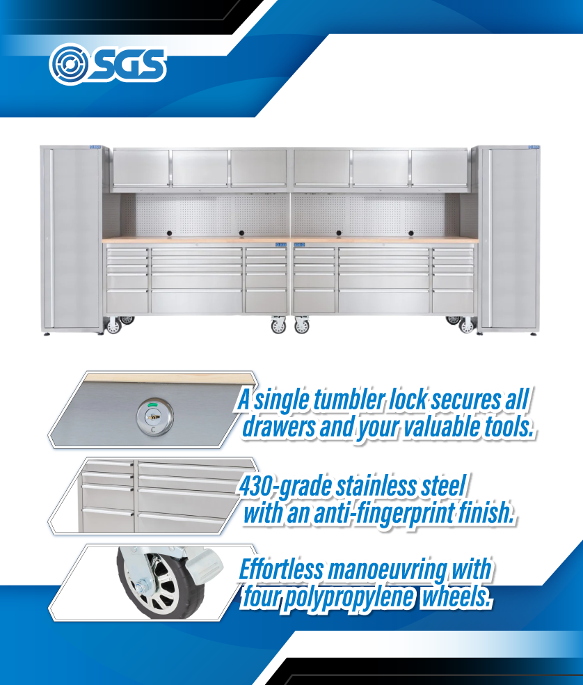 SGS Stainless Steel 30 Drawer Work Bench | 6 Upper Cabinets & 2 Tall Side Cabinets