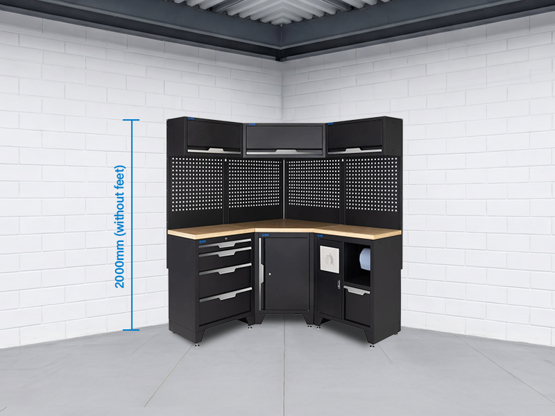 SGS 10pc Corner Garage Storage System | 4 Drawers | Pressed Wood Worktop | Corner Floor Cabinet | Bin Unit | 3x Upper Cabinets