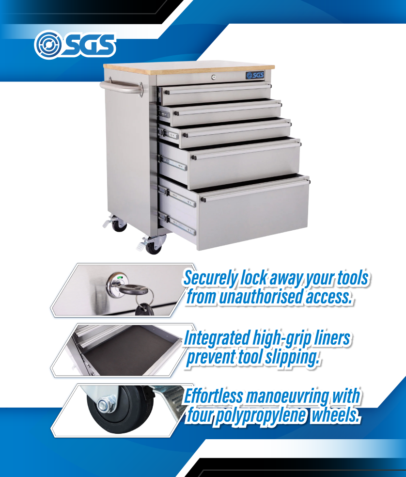 SGS 26 Inch Stainless Steel 5 Drawer Roller Tool Cabinet