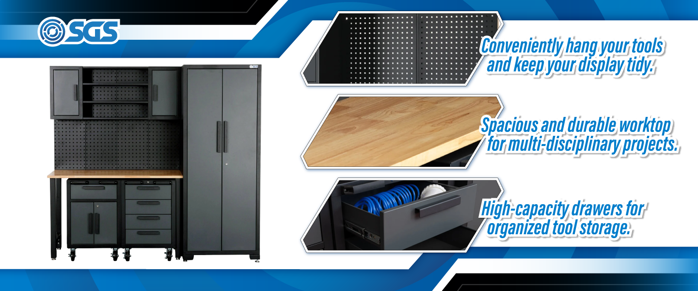 SGS 6pc Garage Storage System - Work Bench, Wheeled Cabinets, Wall Shelving & Side Cabinet