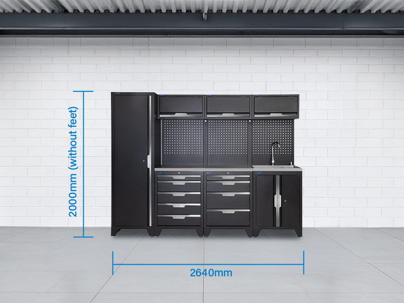 SGS 10pc Garage Storage System | 9 Drawers | Stainless Steel Worktop | Tall Single Cabinet | Sink Unit | 3x Upper Cabinets
