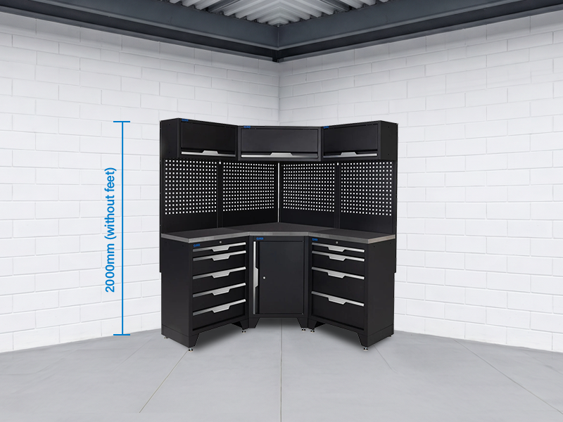 SGS 10pc Corner Garage Storage System | 9 Drawers | Stainless Steel Worktop | Corner Floor Cabinet | 3x Upper Cabinets