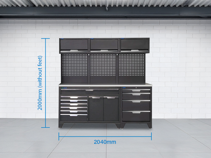 SGS 9pc Garage Storage System | 11 Drawers | Stainless Steel Triple Worktop | Organisers & Bin | 3x Lift‑Up Wall Cabinets
